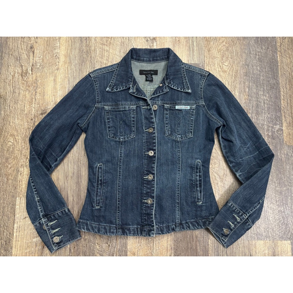 Calvin Klein Jeans Womens Dark Wash Denim Trucker Jacket Blue Small Tailored